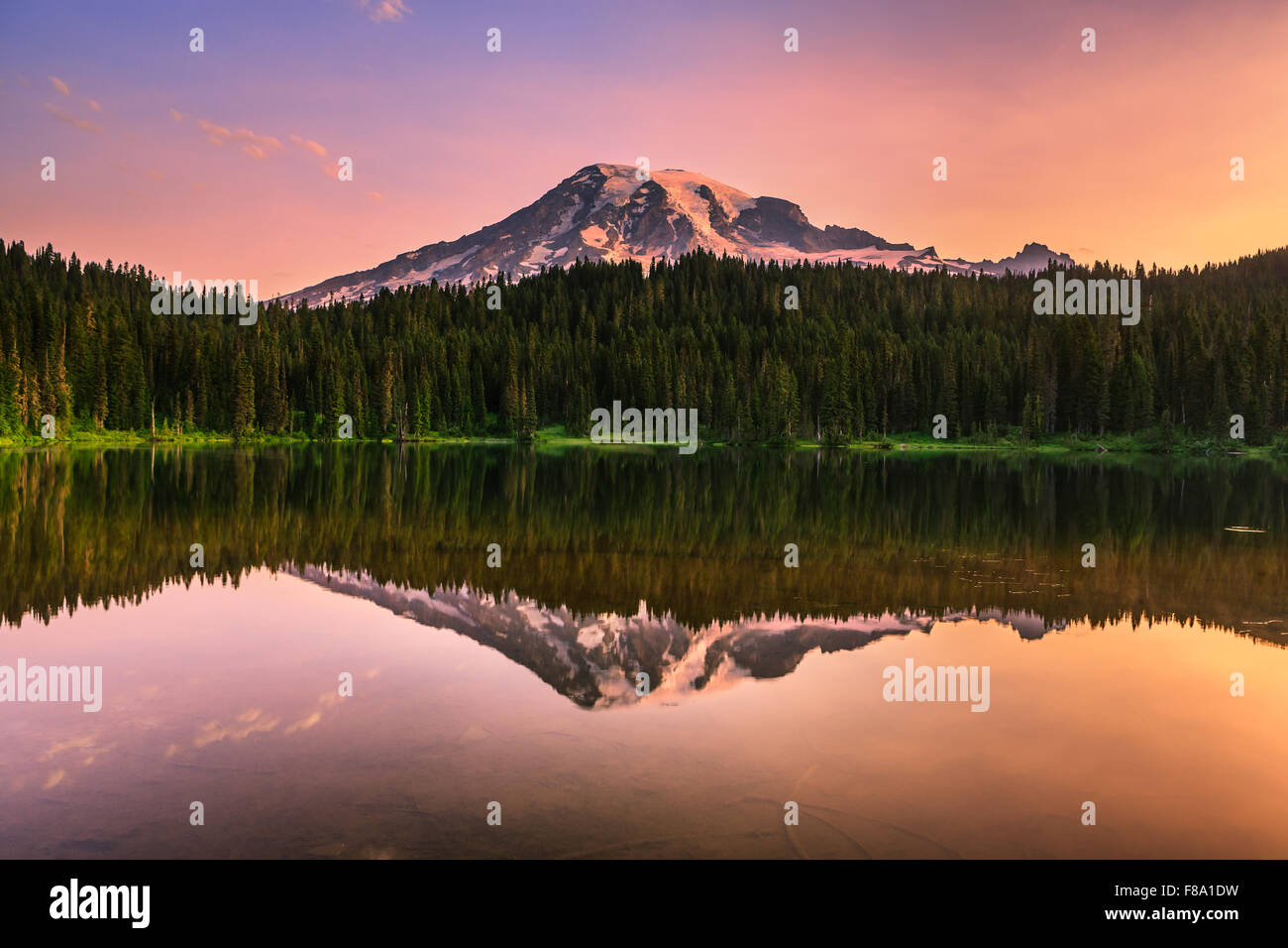 Sunrise a Mount Rainier dalla riflessione sul lago, nello Stato di Washington, USA Foto Stock