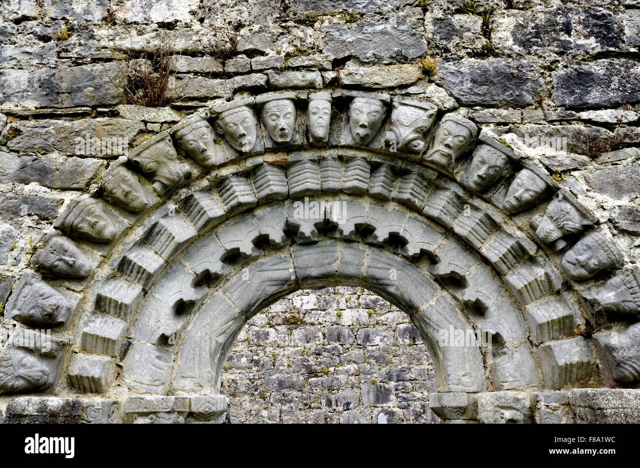 Portale romanico a Dysert chiesa circondata da un ordine di 12 teste umane Corofin County Clare Irlanda Foto Stock