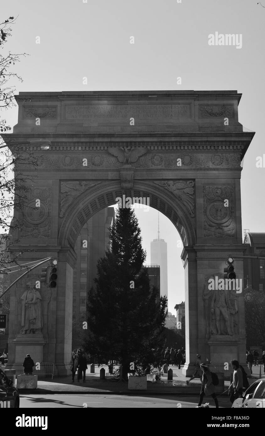 Albero di Natale in Washington Square Park di New York City. Foto Stock