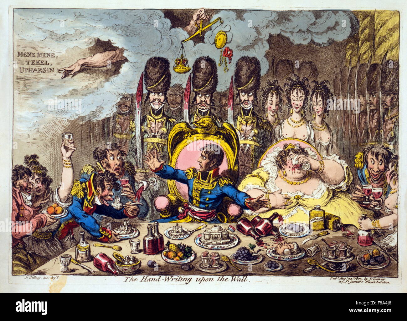 Incisione acquatinta, colorate a mano incisione intitolata "La mano-scritto su parete' da James Gillray (1756-1815). Napoleone e Giuseppina Bonaparte, soldati francesi e le donne seduti a una festa con piatti "Banca di Inghilterra', 'St. James," "Torre di Londra,' e 'Roast beef di vecchia Inghilterra." Napoleone guarda con orrore a portata di mano del Signore rivolta a parole in cielo: 'Mene mene, tekel upharsin.". Foto Stock