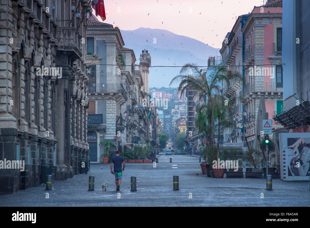 Via Etnea Catania, view all'alba della Via Etnea, la più lunga strada in Catania chiamato dopo il massiccio vulcanico che alleva fino al margine della città. Foto Stock