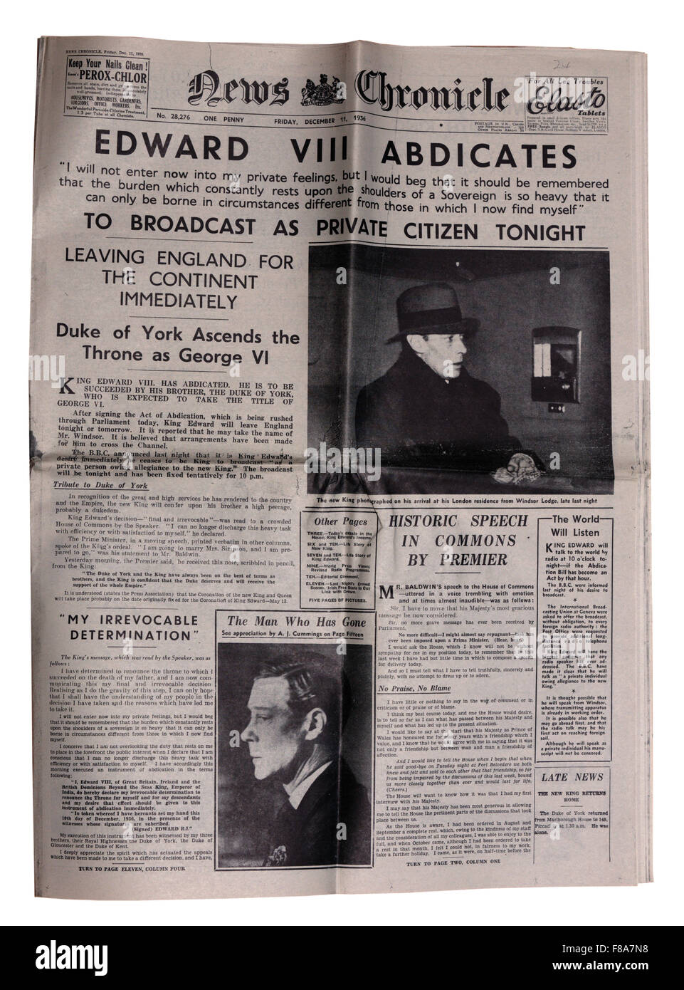 Un giornale di riproduzione le notizie di cronaca con il titolo che King Edward la ottava ha abdicato Foto Stock