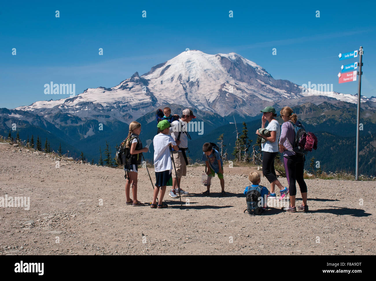 Gli escursionisti famiglia , il Monte Rainier, vista dal Monte Cristallo Foto Stock