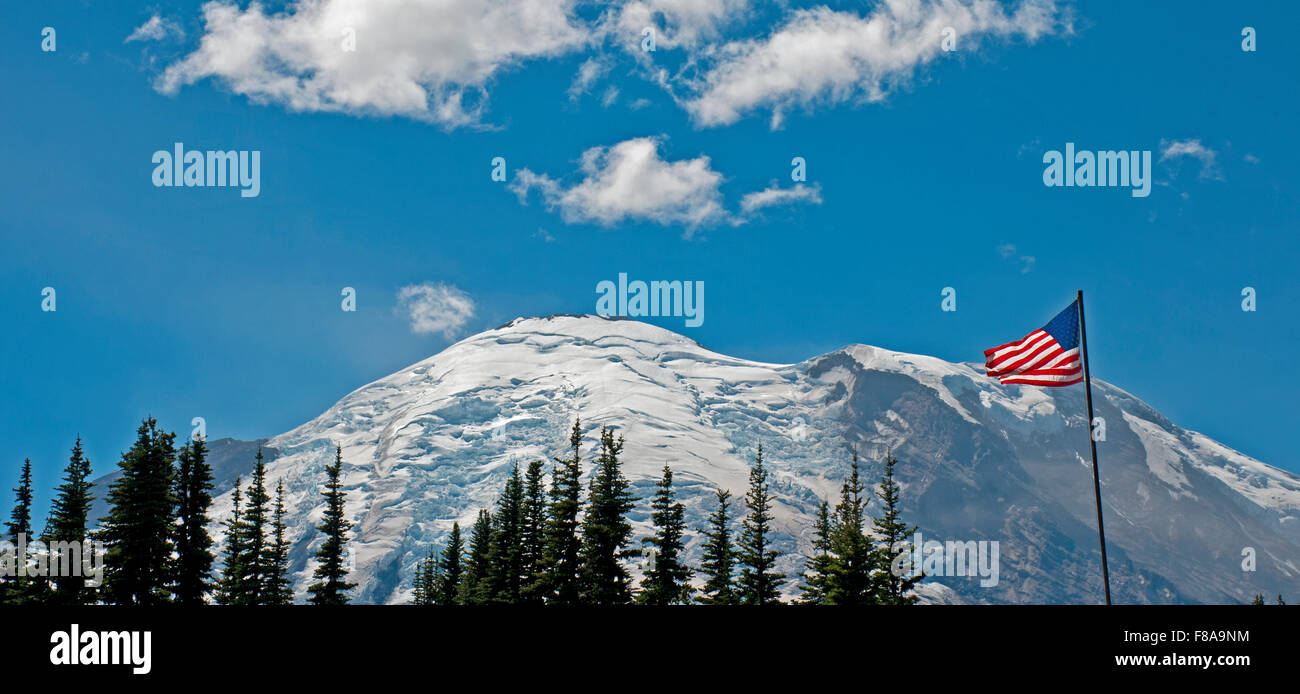 Bandiera americana nei pressi del Monte Rainier Foto Stock