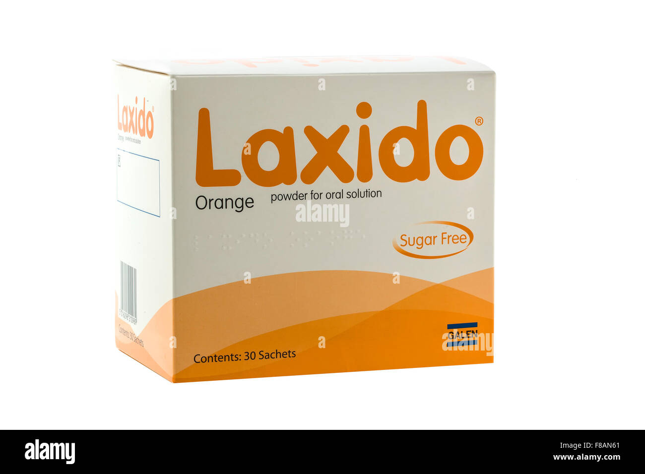 Scatola di Laxido al gusto di arancia lassativo orale su sfondo bianco Foto Stock