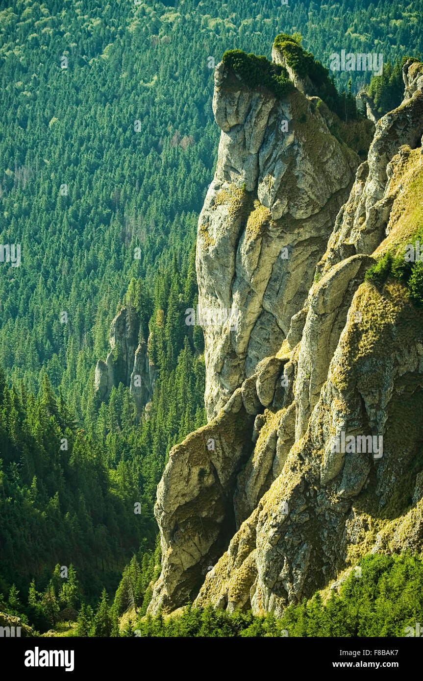 Vista spettacolare delle montagne rocciose, paesaggio Ceahlau, Carpazi romeni Foto Stock