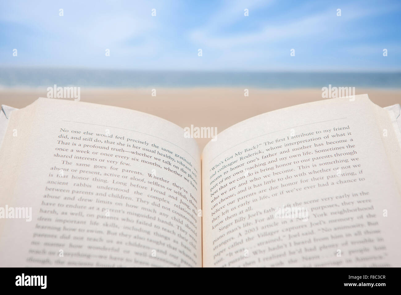 Libro aperto in out-concentrato effetto con lo sfondo della spiaggia Foto Stock