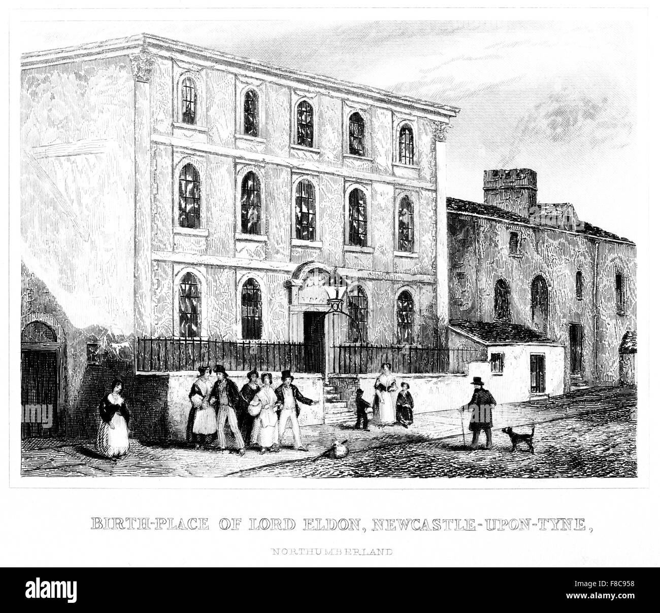 Una incisione del Birth-Place di Lord Eldon, Newcastle - al momento - Tyne, Northumberland scansionato da un libro stampato intorno al 1850. Foto Stock
