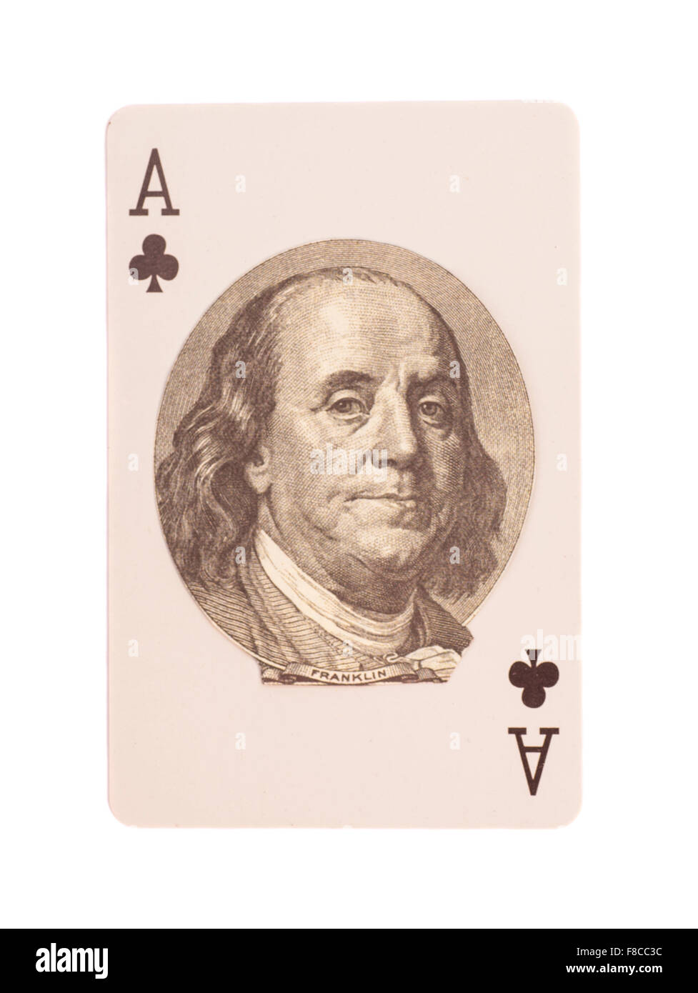 Ace di club carta da gioco con il ritratto di Benjamin Franklin Foto Stock