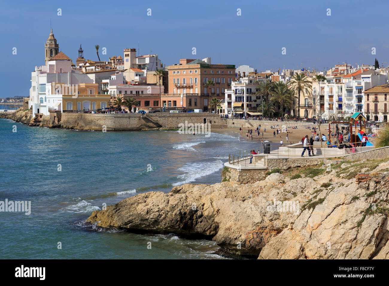 San Sabastian Beach, Sitges, Catalogna, Spagna, Europa Foto Stock