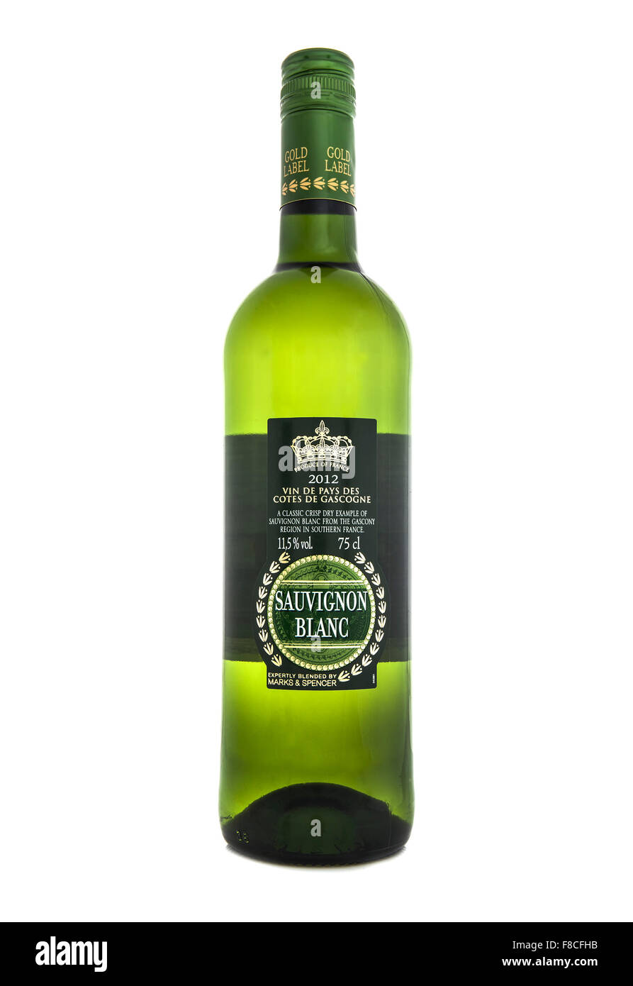 Bottiglia di 2012 etichetta oro Sauvignon Blanc vino su uno sfondo bianco Foto Stock