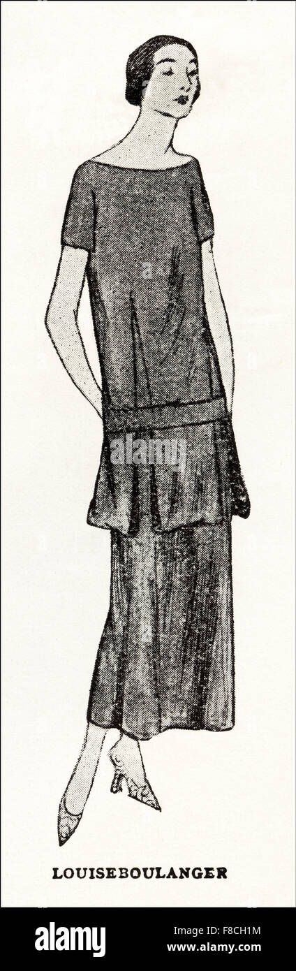 Parigi moda del 1923. Stile flapper degli anni '20. Frock di Louise Boulanger designer in velluto nero. Foto Stock