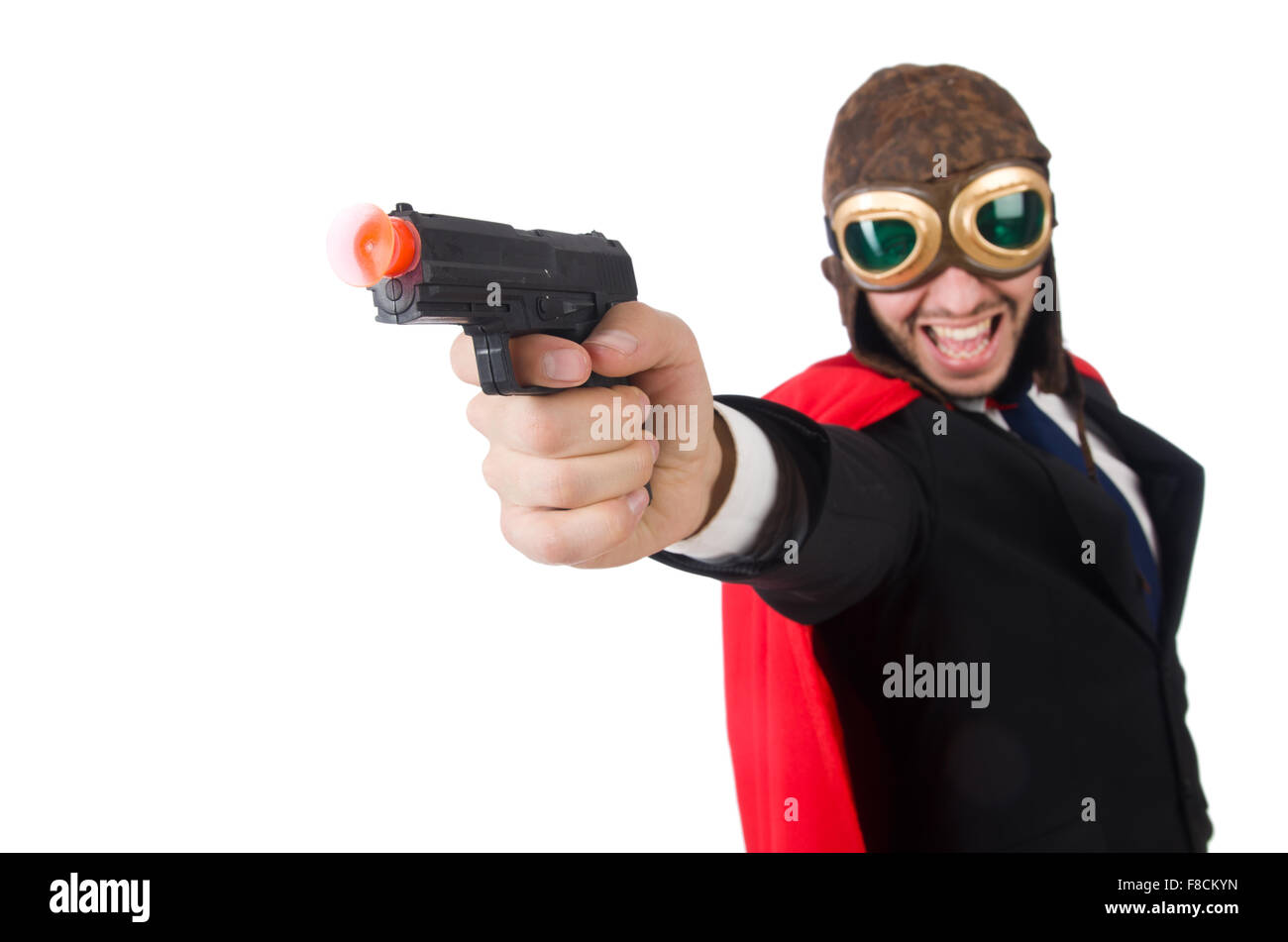 Uomo che indossa abiti di colore rosso nel concetto di divertenti Foto Stock