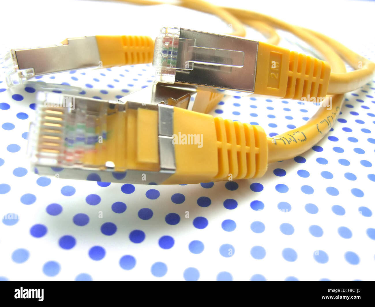 Cavo ethernet giallo su sfondo puntinato Foto Stock