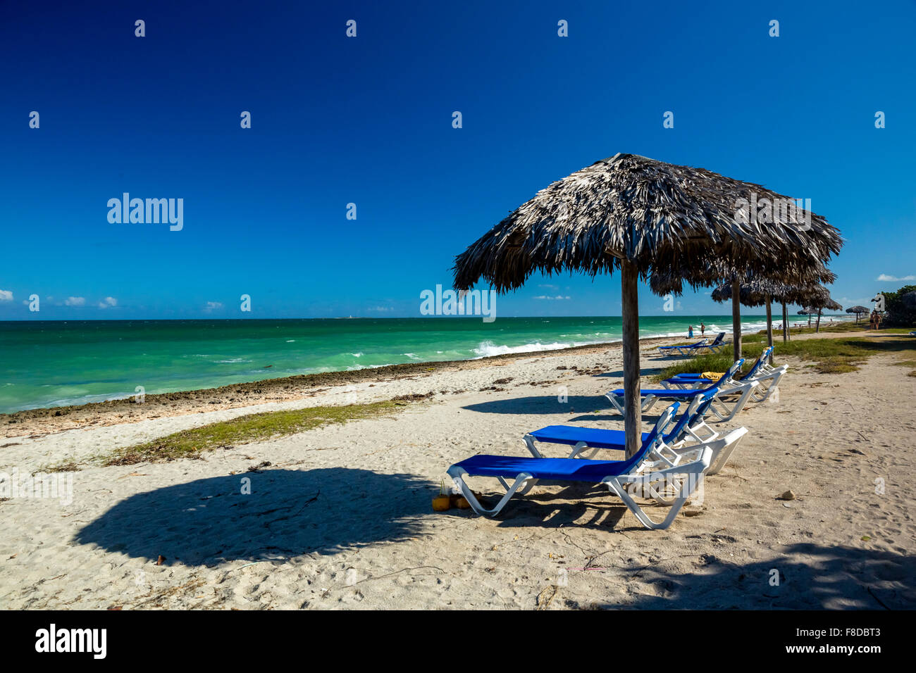 Spiaggia libera di sedie, ombrelloni fatta di fronde di palma, mattina Beach Hotel Paradisus Varadero Resort Spa Varadero, acque turchesi, Foto Stock