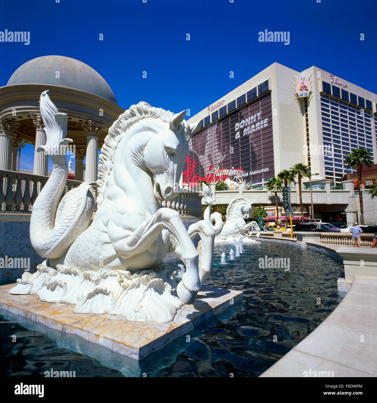 Las Vegas, Nevada, Stati Uniti d'America - Caesars Palace Fontana e Flamingo Las Vegas Hotel e Casino lungo la striscia (Las Vegas Boulevard) Foto Stock