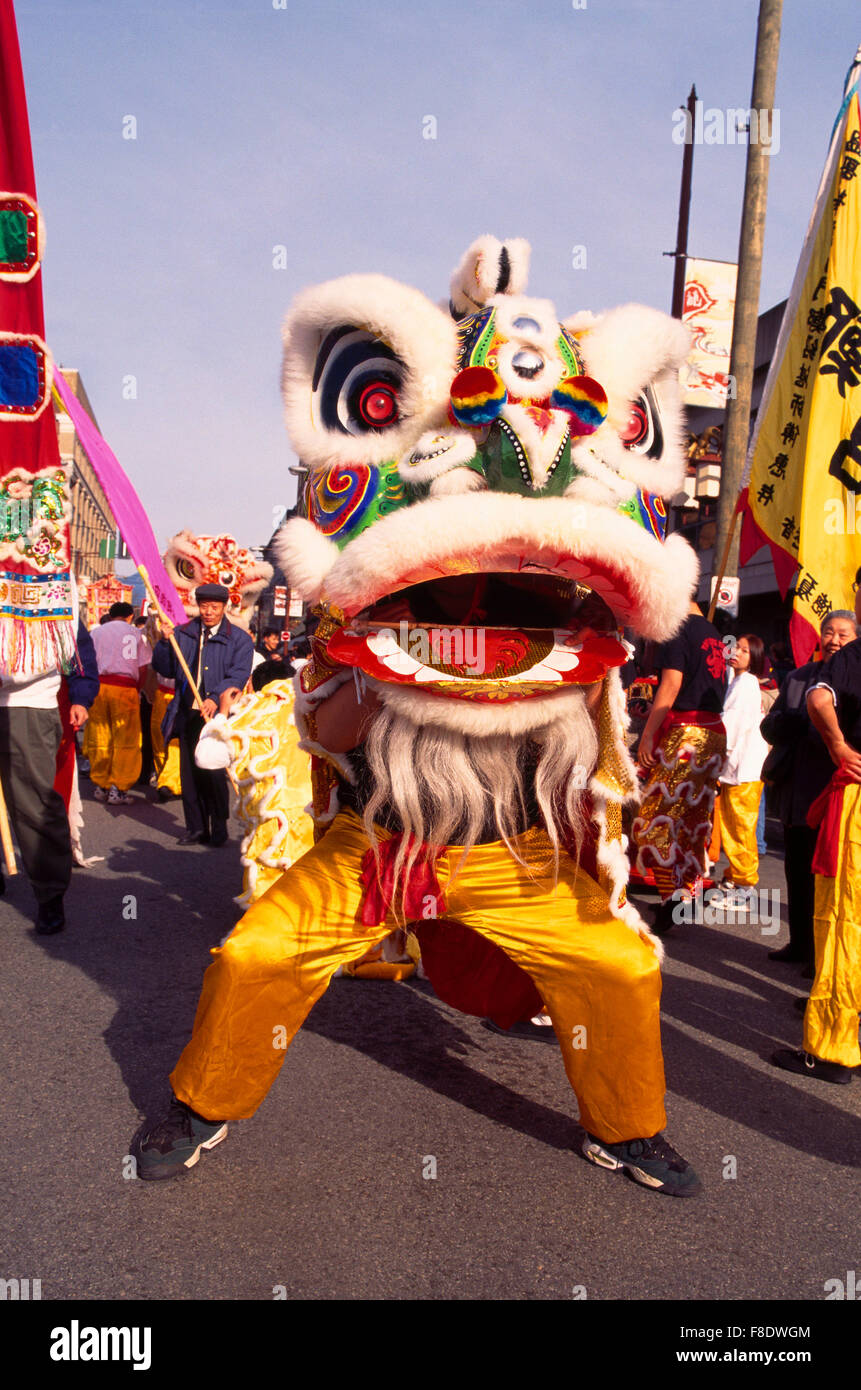Anno Nuovo cinese la danza del Leone (aka Dragon Dance) in parata e celebrazione - Chinatown, Vancouver, BC, British Columbia, Canada Foto Stock