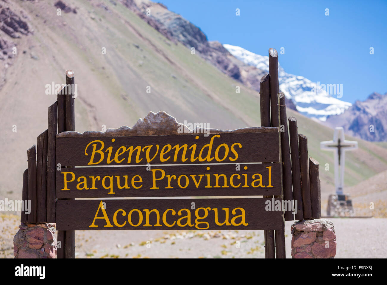 Segno di benvenuto all'Aconcagua Parco Nazionale Foto Stock