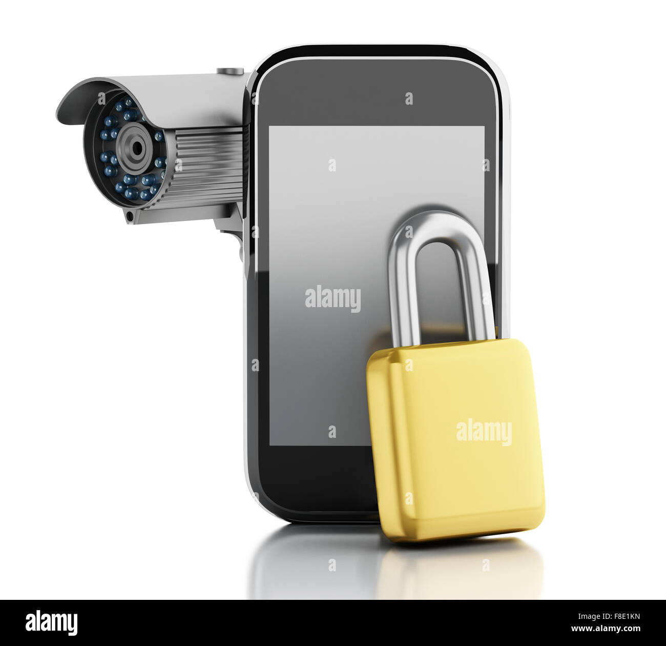 3D render image. Smartphone con telecamera TVCC e lucchetto. La sicurezza mobile concetto. Isolato sfondo bianco Foto Stock