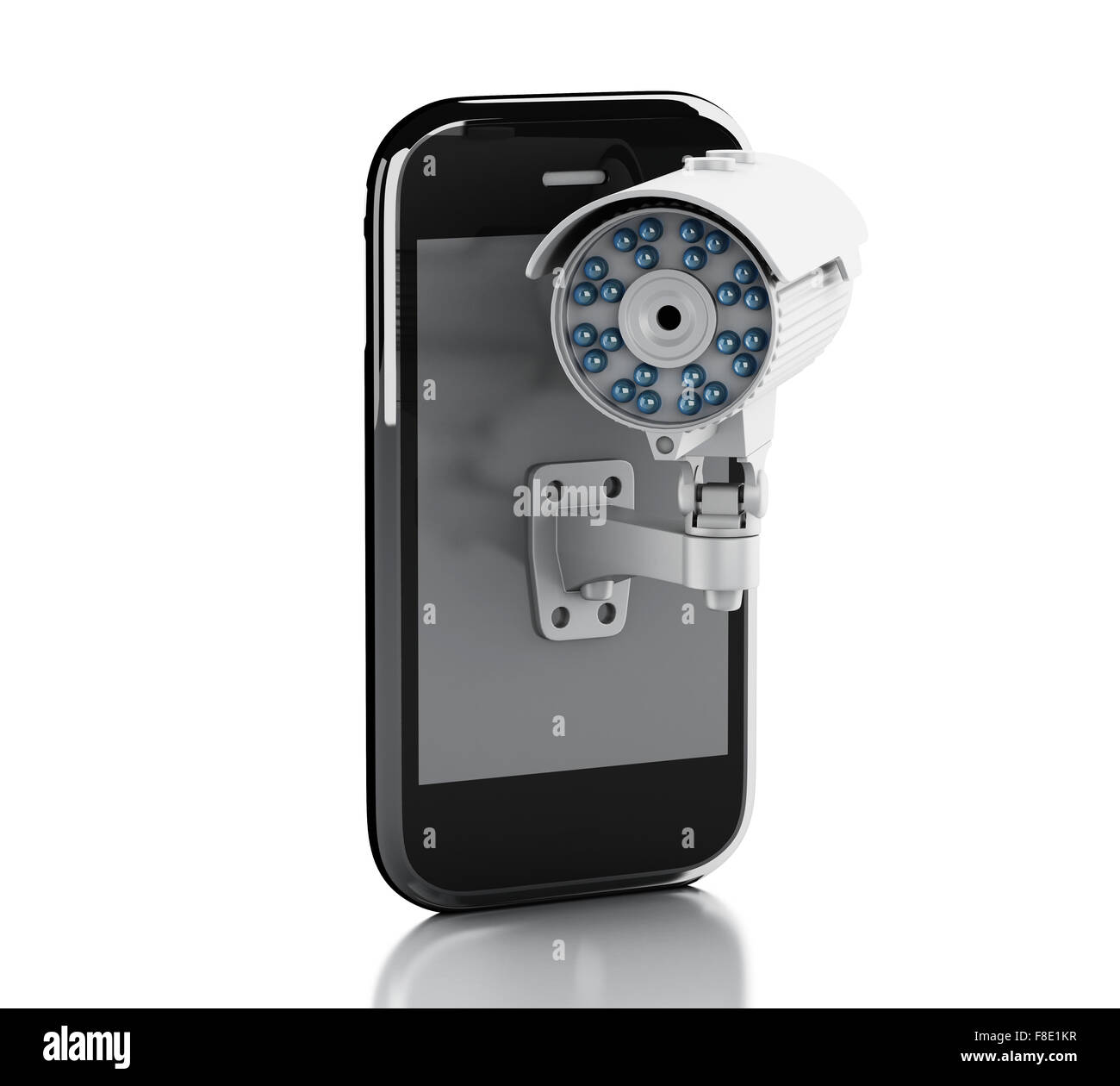 3D render image. Smartphone con telecamera TVCC. La sicurezza mobile concetto. Isolato sfondo bianco Foto Stock