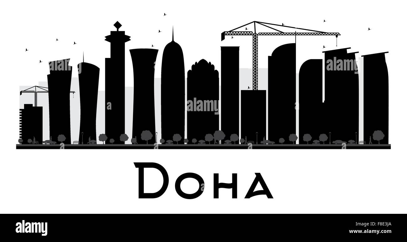 Doha skyline della città in bianco e nero la silhouette. Illustrazione Vettoriale. Piatto semplice concetto per il turismo presentazione, banner, cartellone Illustrazione Vettoriale