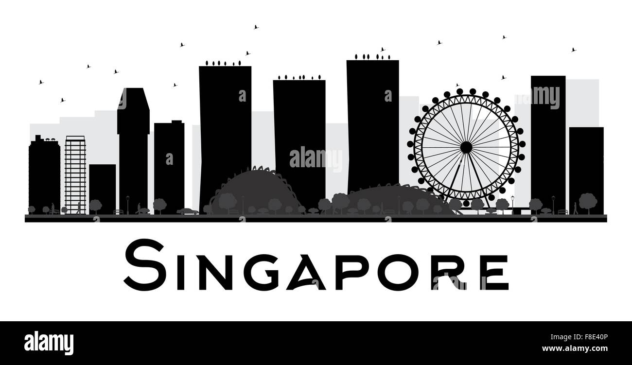 Singapore skyline della città in bianco e nero la silhouette. Illustrazione Vettoriale. Piatto semplice concetto per il turismo presentazione, banner Illustrazione Vettoriale