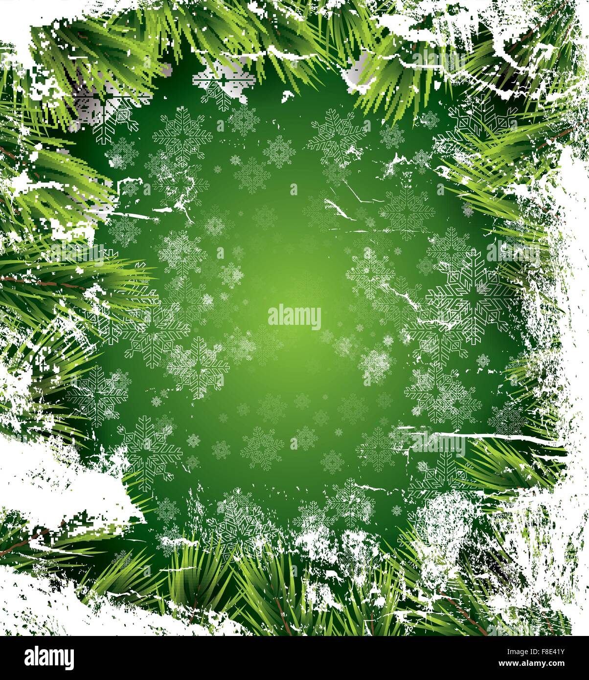 Scheda di Natale con fiocchi di neve bianca su sfondo verde, ramo di pino e gelido texture. Anno nuovo invito. Illustrazione Vettoriale. Illustrazione Vettoriale