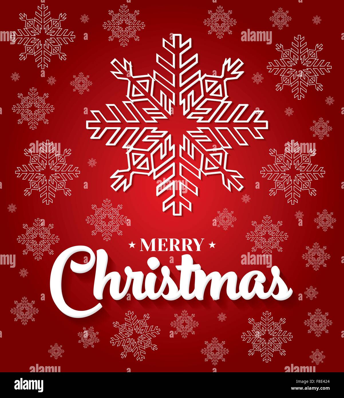 Scheda di Natale con fiocchi di neve bianca su sfondo rosso. Anno nuovo invito. Illustrazione Vettoriale Illustrazione Vettoriale