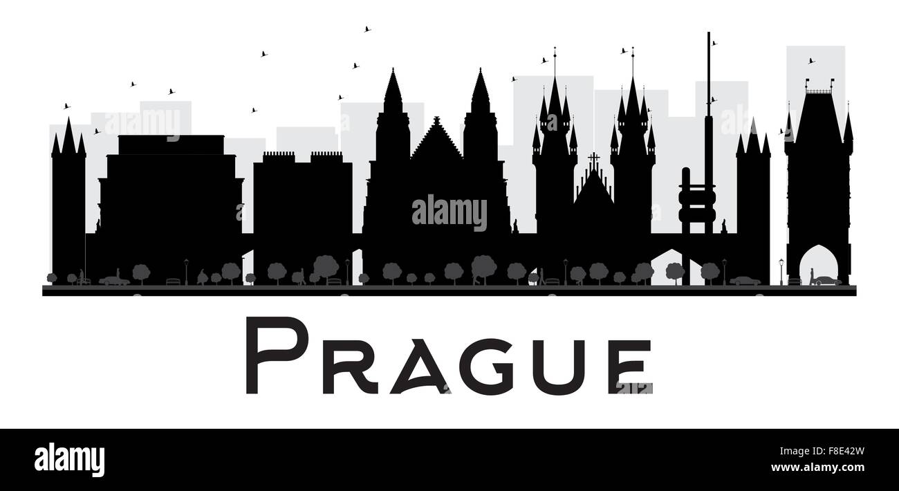 Prague City skyline in bianco e nero la silhouette. Illustrazione Vettoriale. Piatto semplice concetto per il turismo presentazione, banner Illustrazione Vettoriale