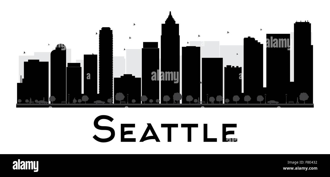 Seattle skyline della città in bianco e nero la silhouette. Illustrazione Vettoriale. Piatto semplice concetto per il turismo presentazione, banner Illustrazione Vettoriale