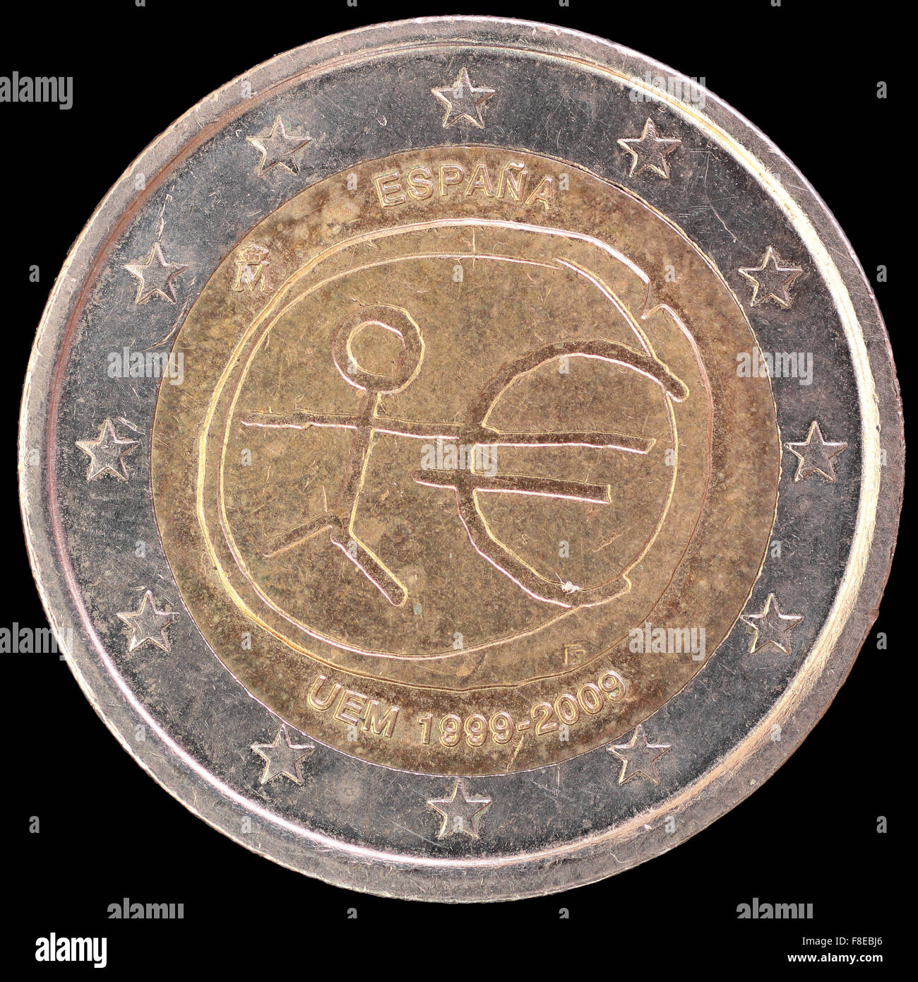 Un fatto circolare commemorativa due monete in euro emesse dalla Spagna nel 2009 per celebrare l anniversario dell' Unione economica e monetaria. Ima Foto Stock