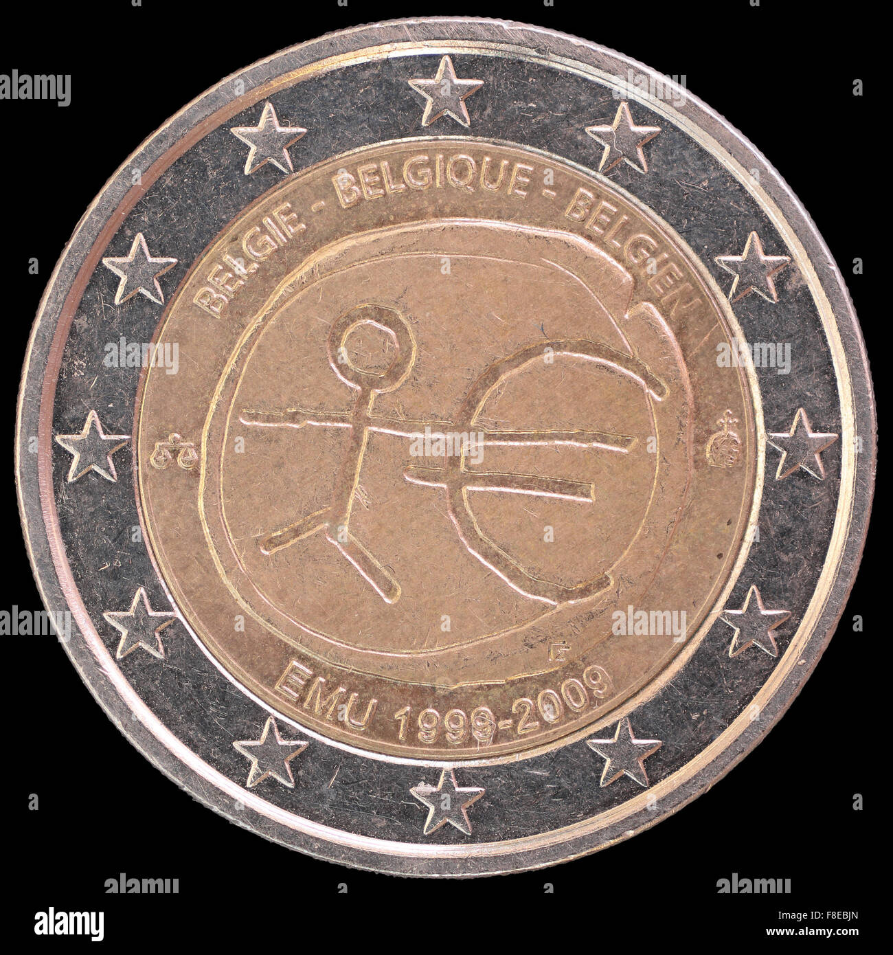 Un fatto circolare commemorativa due monete in euro emesse dal Belgio nel 2009 per celebrare l anniversario dell' Unione economica e monetaria. Ho Foto Stock