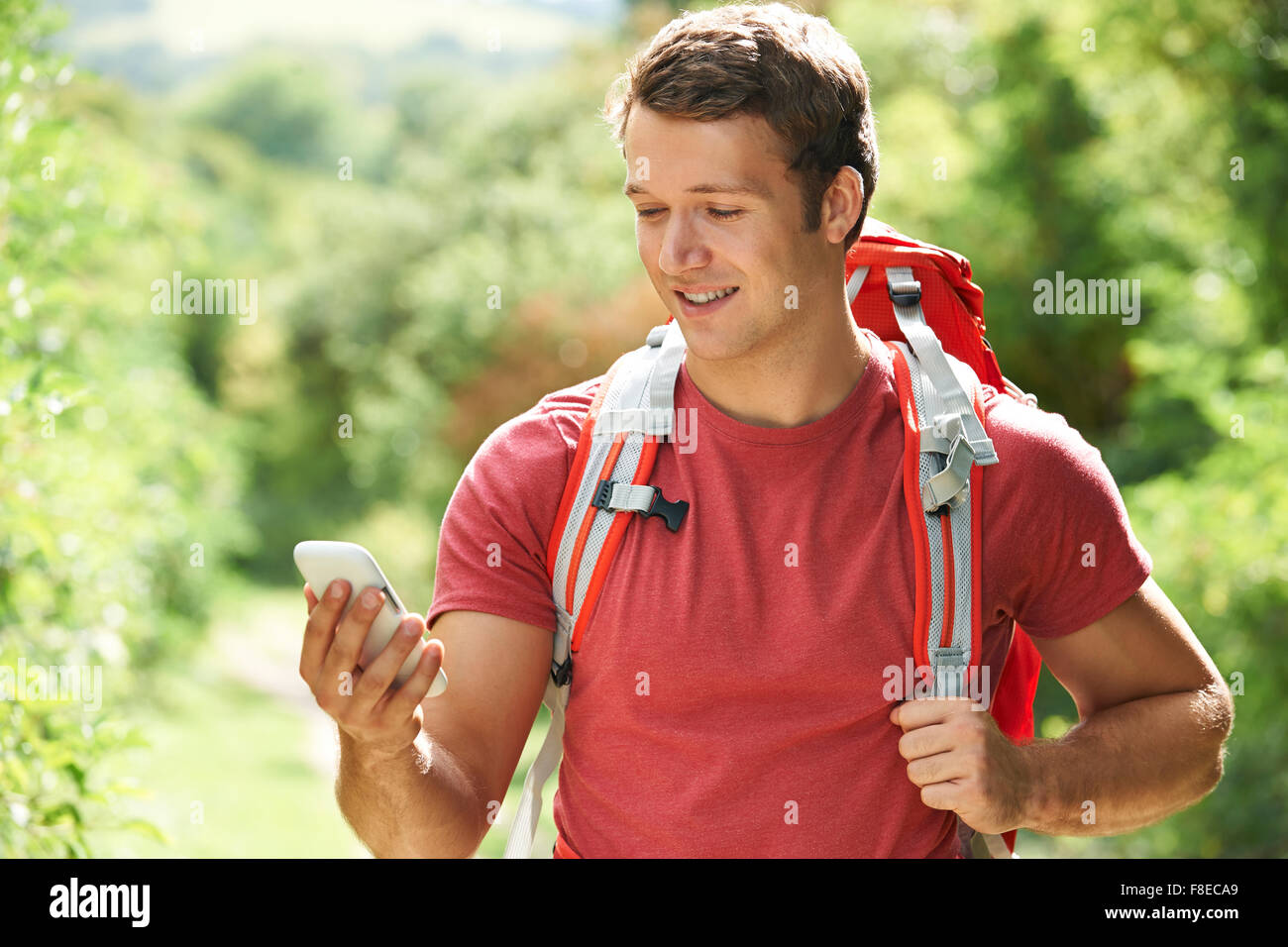 L'uomo posizione di controllo con il cellulare su escursione Foto Stock