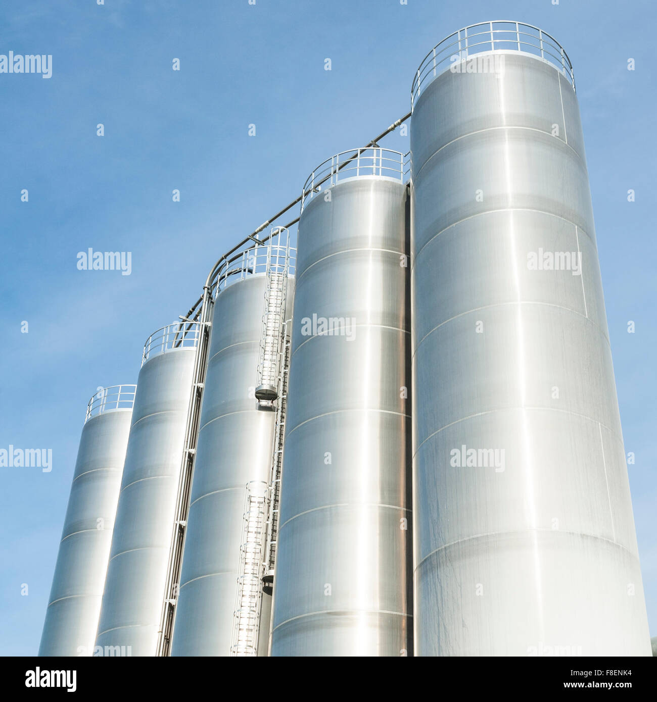 Silos industriali per la produzione chimica, da acciaio inossidabile Foto Stock