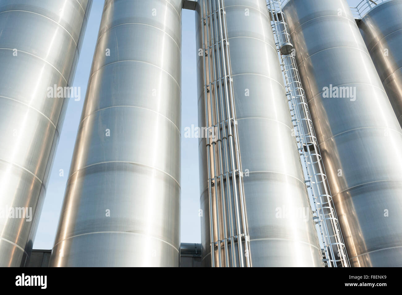 Silos industriali per la produzione chimica, da acciaio inossidabile Foto Stock