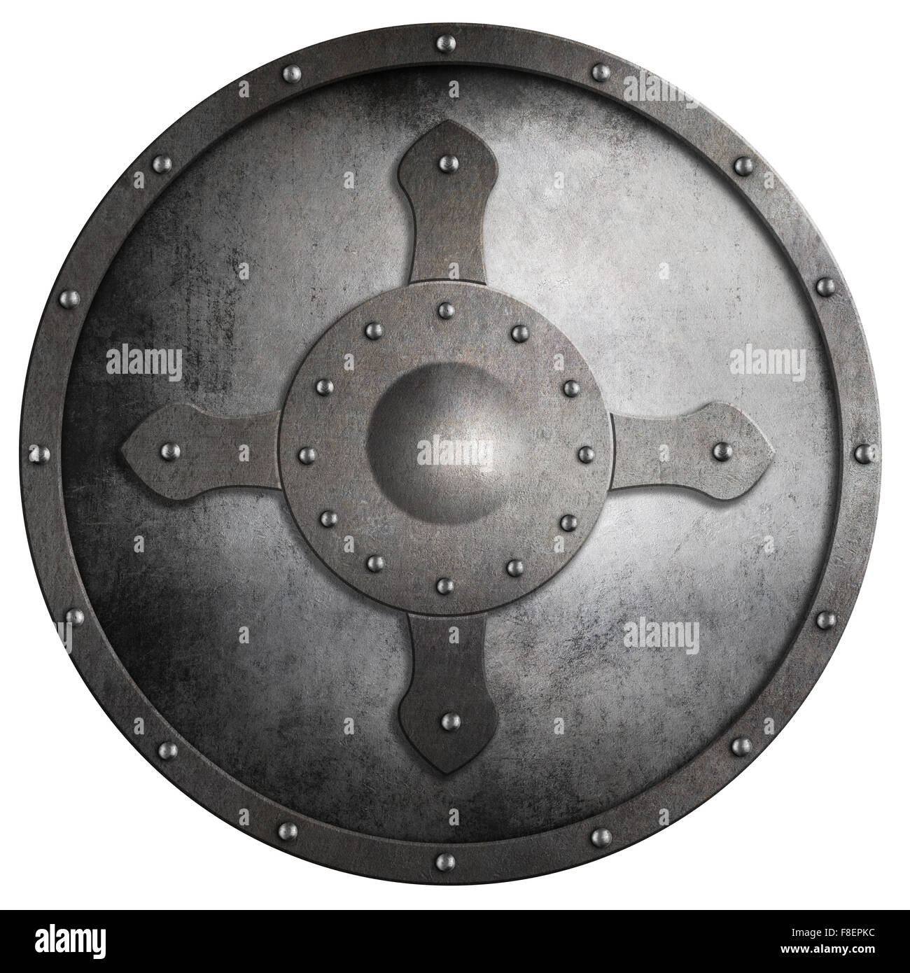 Rotondo di metallo scudo crociato isolato Foto Stock