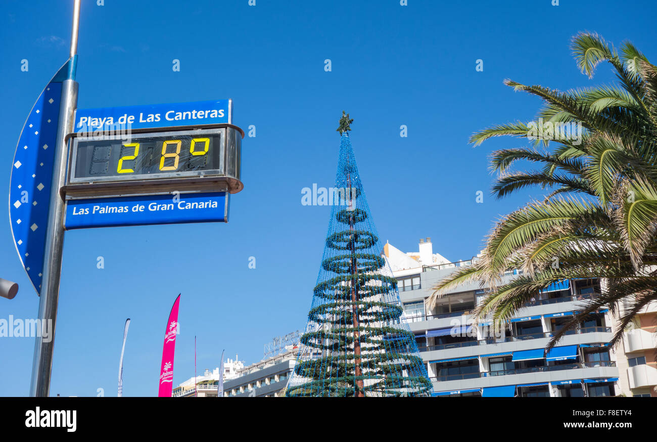 Las Palmas de Gran Canaria, Isole Canarie, Spagna. 9 dicembre, 2015. Meteo:  albero di Natale sulla spiaggia come temperature hit 28 gradi Celsius in un  glorioso mercoledì in Las Palmas, la capitale