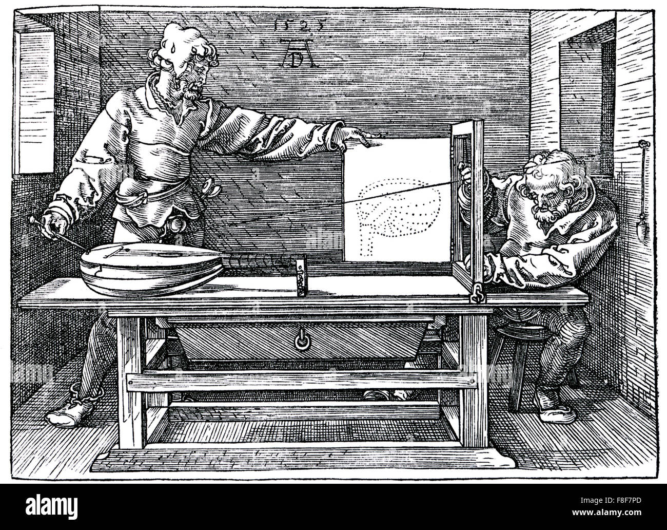 ALBRECHT DÜRER (1471-1528) a 1525 incisione che mostra un disegno in prospettiva di un liuto dal suo Unterweysung der Messung Foto Stock