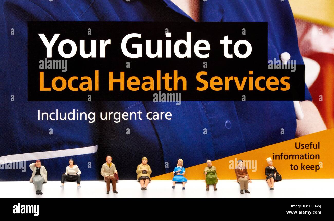La vostra guida locale servizi sanitari opuscolo in miniatura con gente seduta al fondo. Pubblicazione del Regno Unito Foto Stock