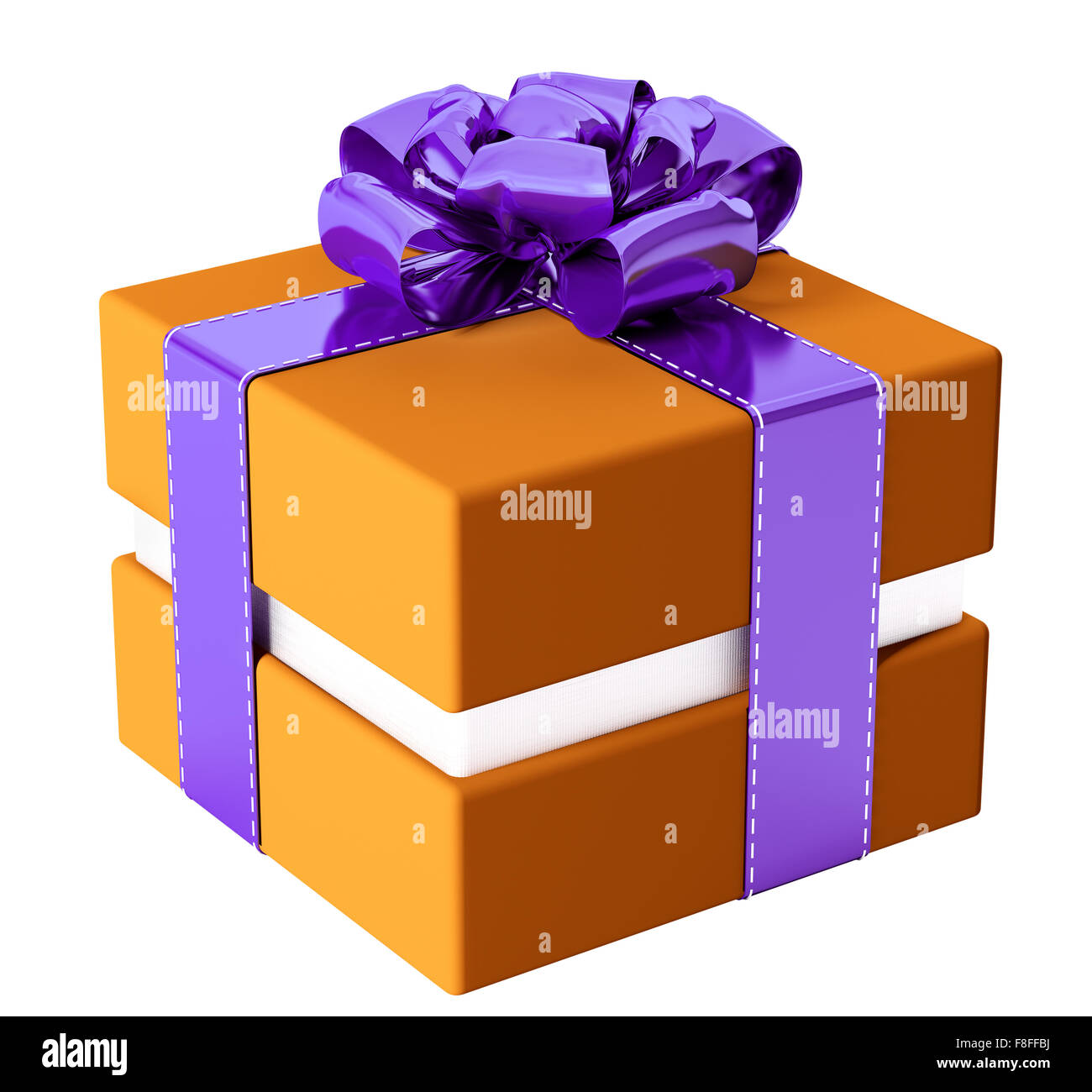 Orange box regalo con prua viola e nastri isolato 3d rendering Foto Stock