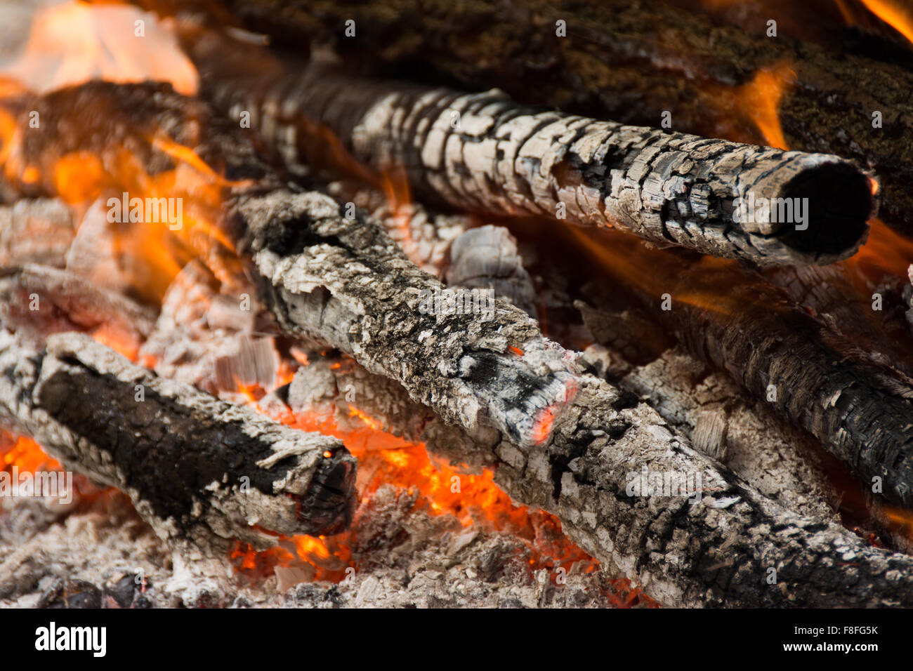Legno che brucia nel caminetto, preparazione del carbone di legna Foto Stock