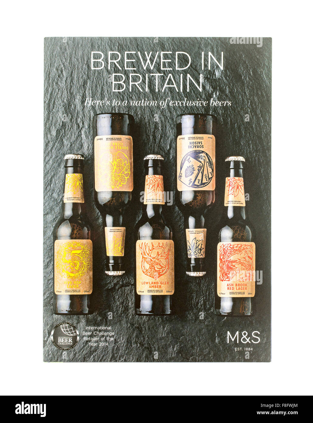 Marks & Spencer prodotta in Gran Bretagna, birre esclusive su sfondo bianco Foto Stock