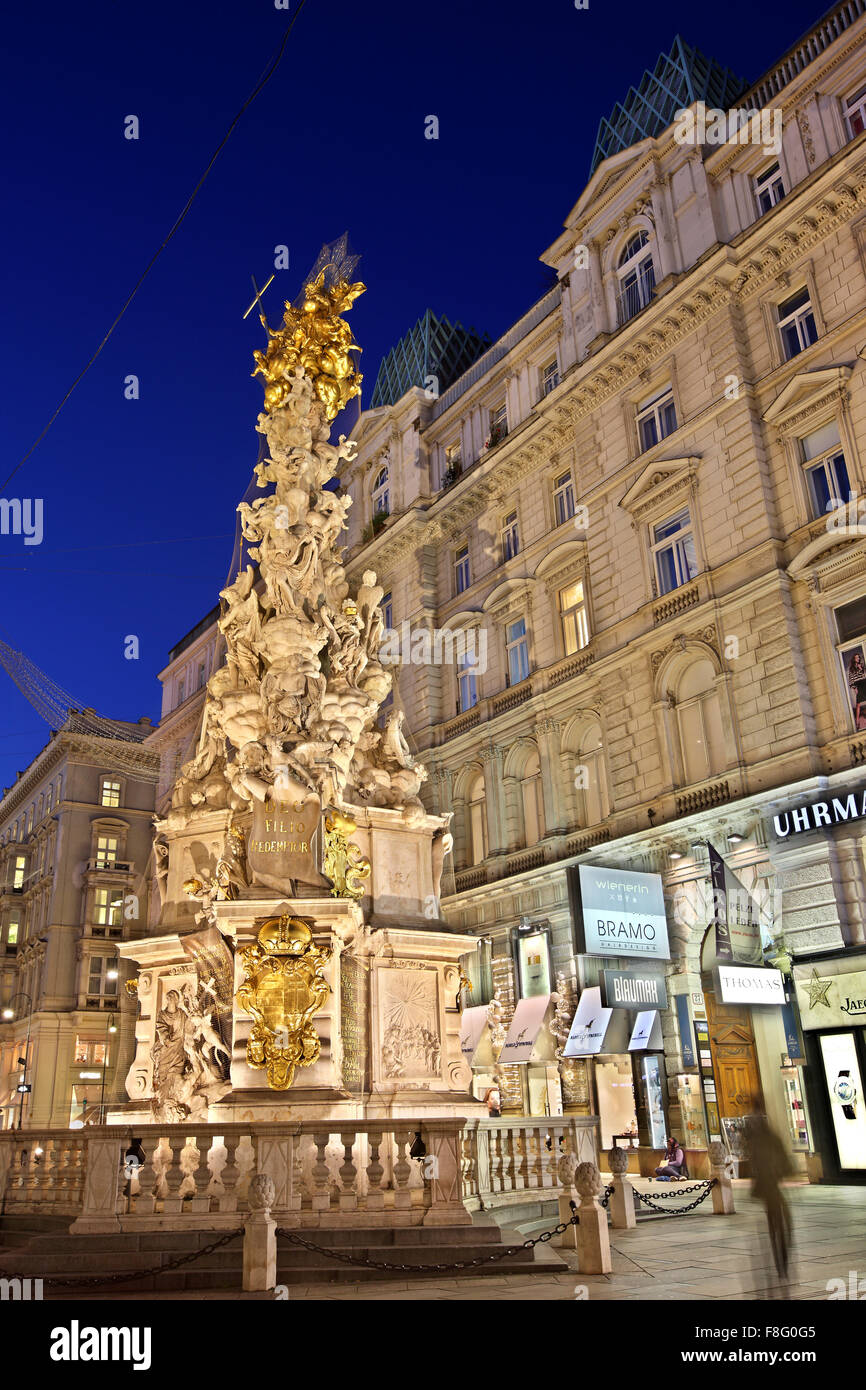 La Pestsäule ( Colonna della Peste) in Graben, una delle principali strade commerciali di Vienna, Austria. Foto Stock