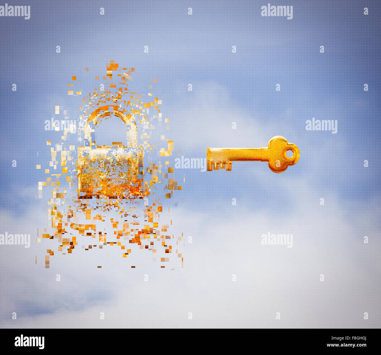 Chiave e lucchetto disturbato in cielo Foto Stock