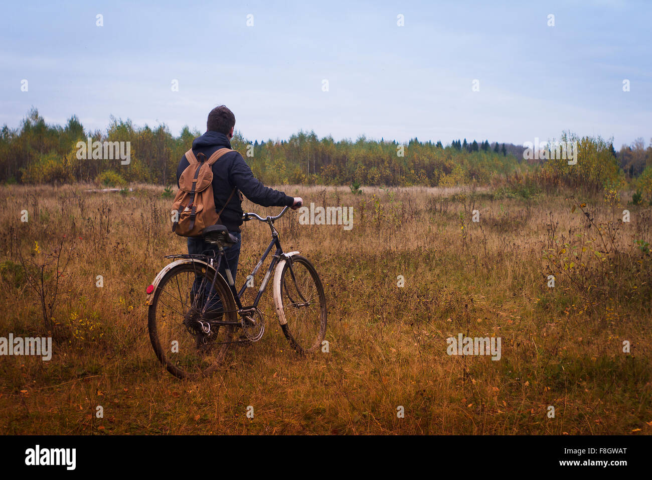 Uomo caucasico spingendo in bicicletta in campo Foto Stock