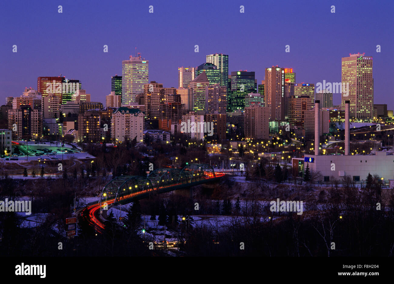 Edmonton skyline al tramonto, Edmonton, Alberta, Canada Foto Stock