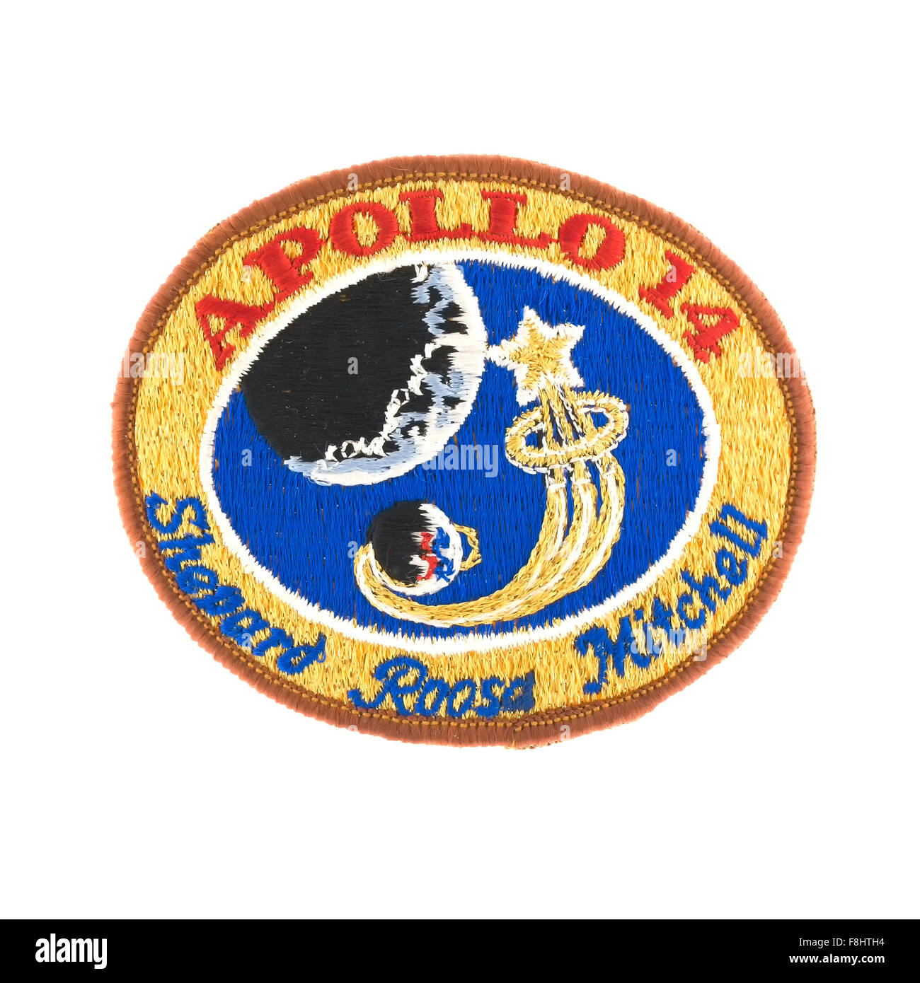 Apollo 14 badge di missione dalla NASA atterraggio sulla luna con degli astronauti Shepard Roosa Mitchell su sfondo bianco Foto Stock