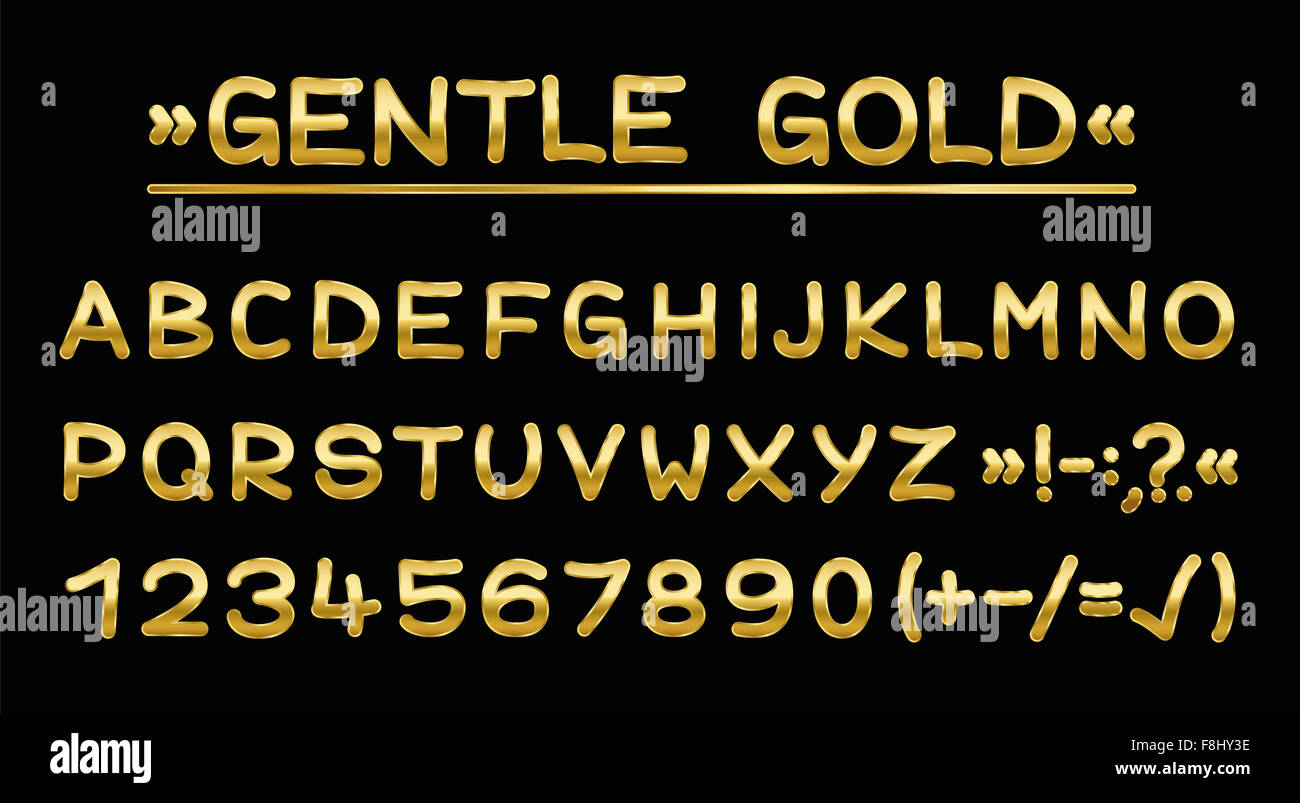 Golden lettere maiuscole - font arrotondato - illustrazione su sfondo nero. Foto Stock