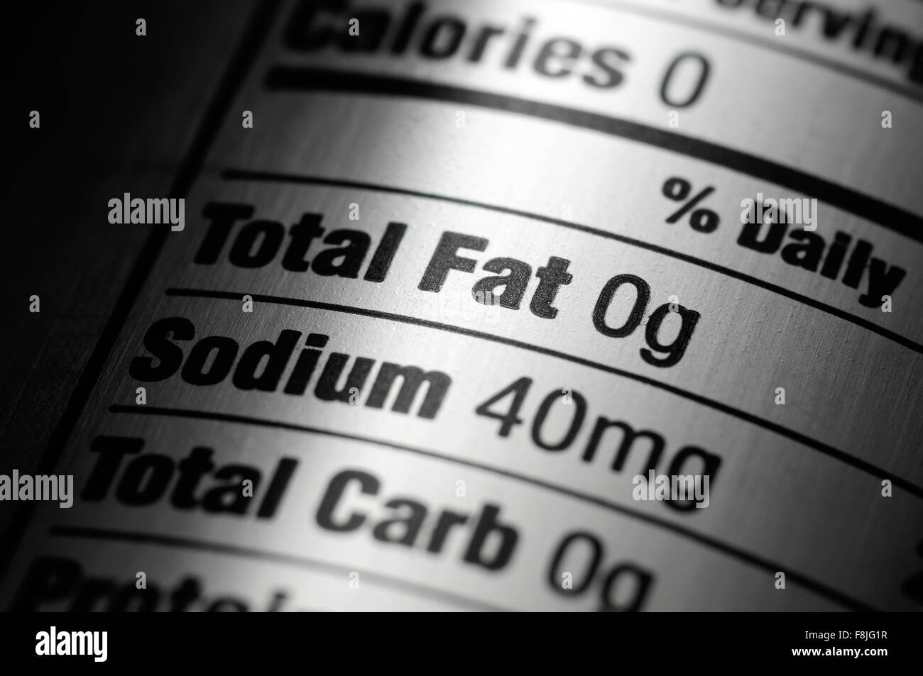 Ingredienti nutrizionali etichetta su un argento alluminio dieta soda pop può Foto Stock