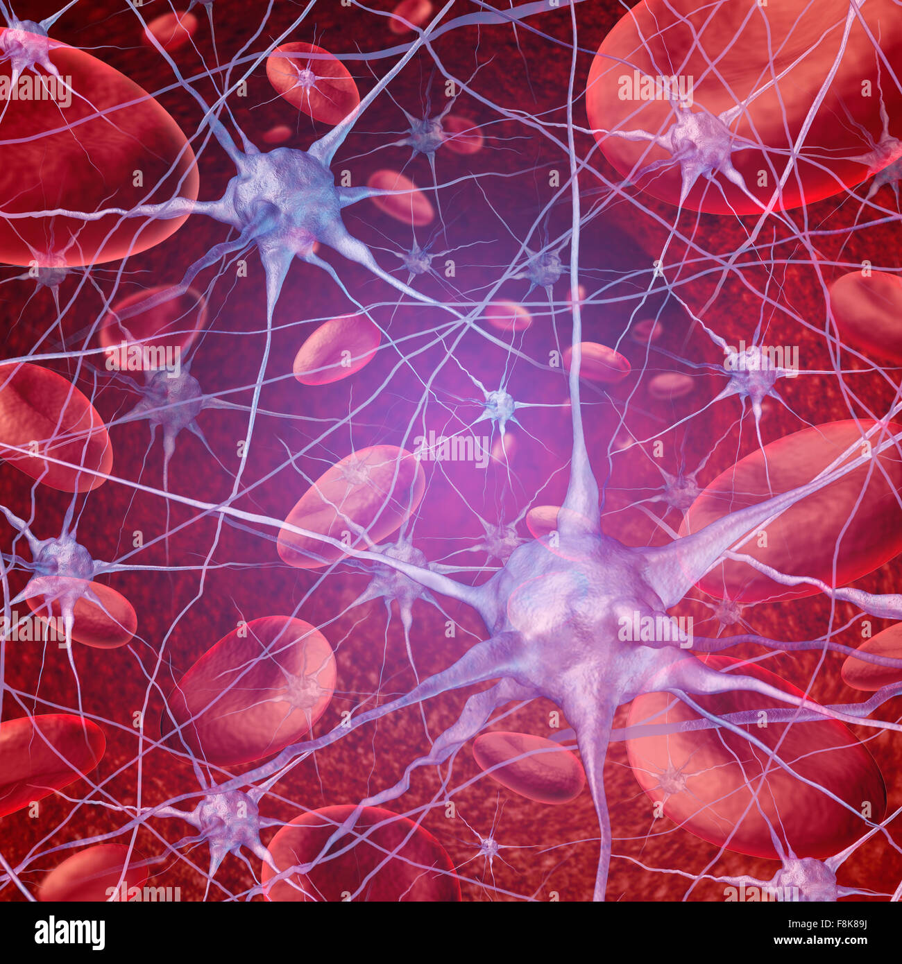 Neurone il flusso di sangue in circolazione dei cervelli con cellule che scorre attraverso le vene e umano sistema circolatorio che rappresenta un medico health care simbolo relativo alla corsa o problemi di neurologia. Foto Stock